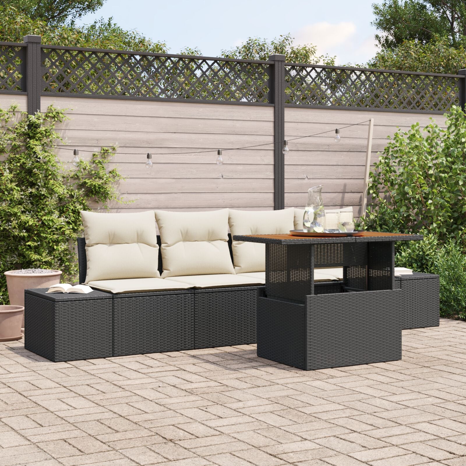 5-Delige Tuin Sofa Set Met Kussens Zwart Poly Rattan