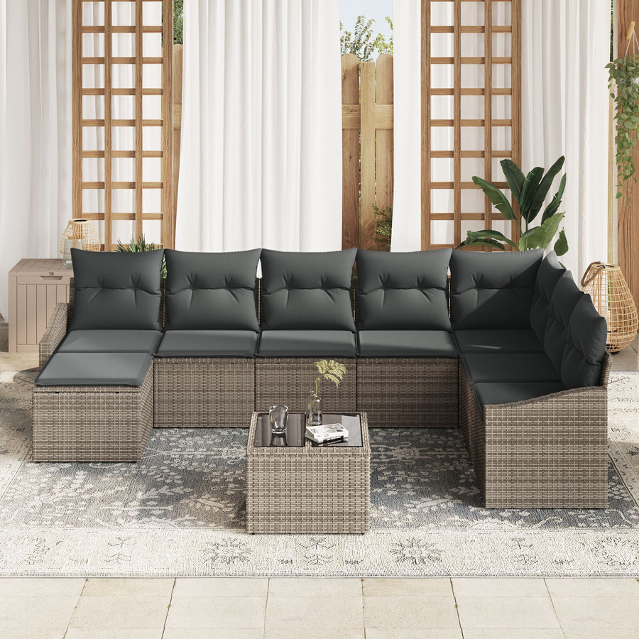 8-Delige Tuin Eetset Met Kussens Zwart Poly Rattan