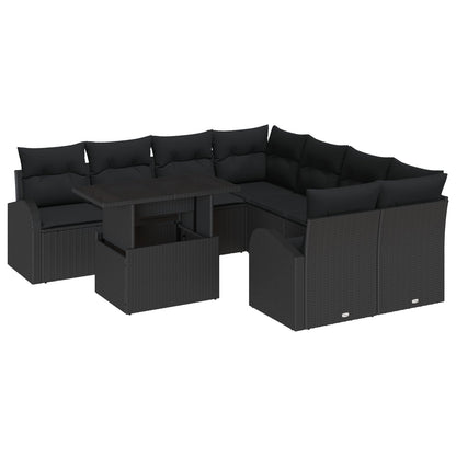 9-Delige Tuinbankset Met Kussens Zwart Poly Rattan