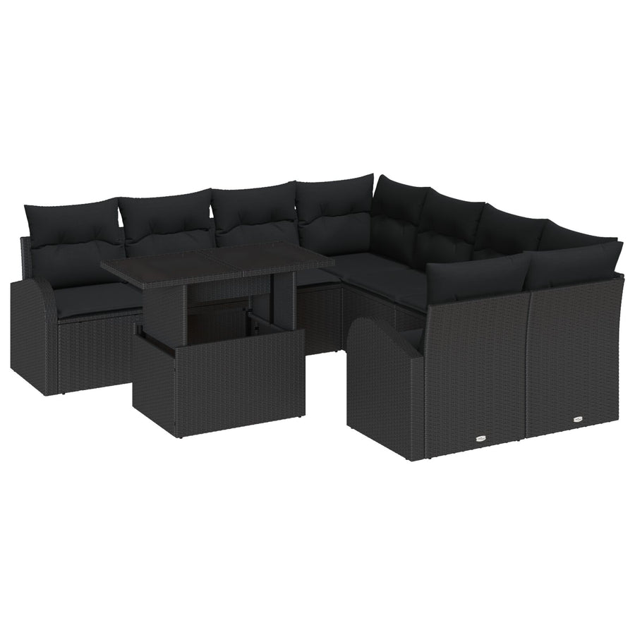 9-Delige Tuinbankset Met Kussens Zwart Poly Rattan