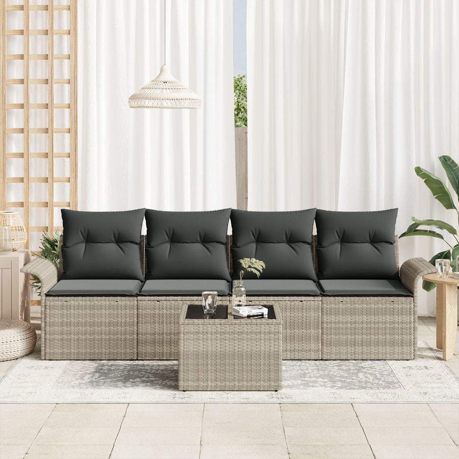 5-Delige Tuinsofa Set Met Kussens Lichtgrijs Poly Rattan