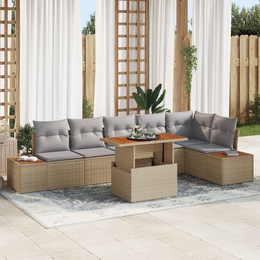 Tuinstoelenset Set Van 7 Beige Rattan Tuinstoelenset