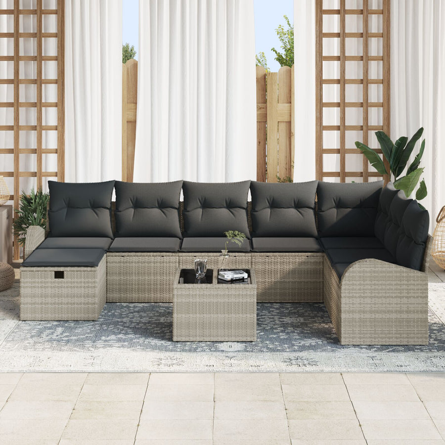 9-Delige Tuinsofa Set Met Kussens Lichtgrijs Poly Rattan