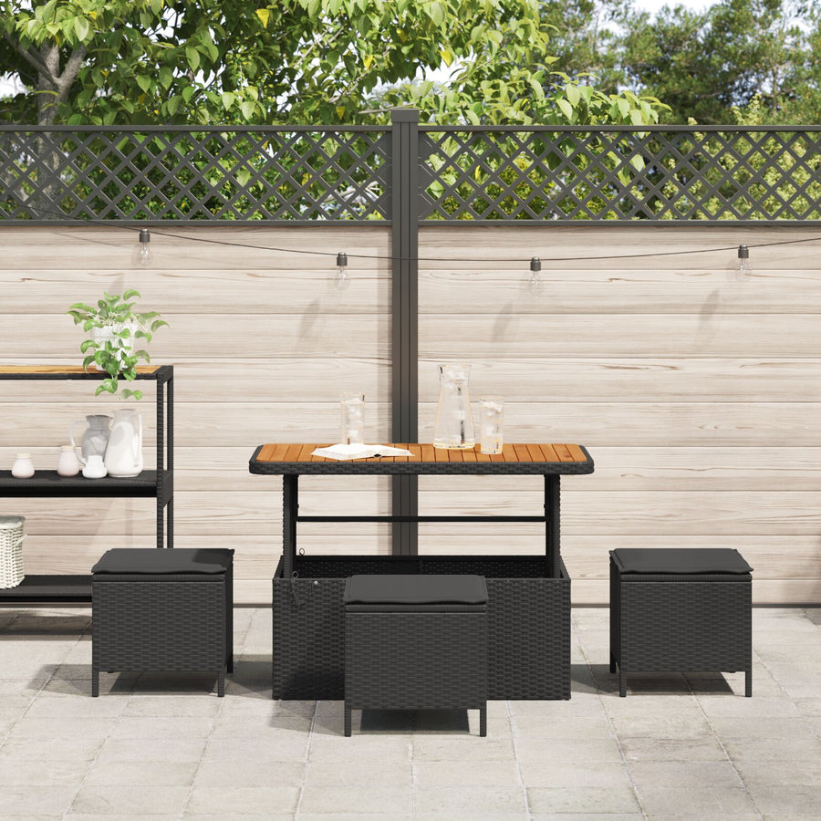 4 Delige Tuin Eettafel Set Met Kussens Poly Rattan Acacia 110 cm Zwart 3 krukken