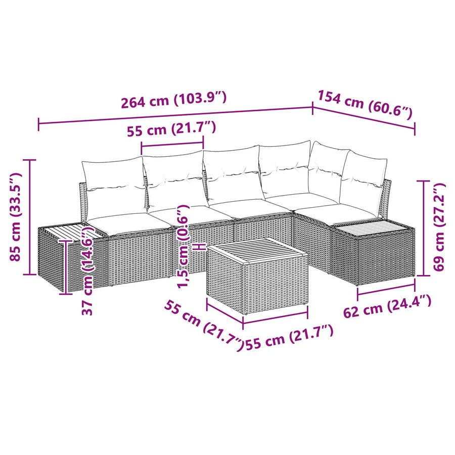 6-Delige Tuin Sofa Set Met Kussens Beige Poly Rattan Acacia