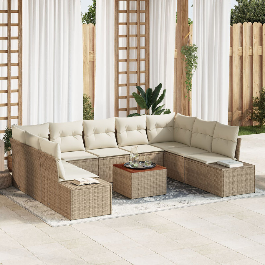 10-Delige Tuin Sofa Set Met Kussens Beige Poly Rattan Acacia