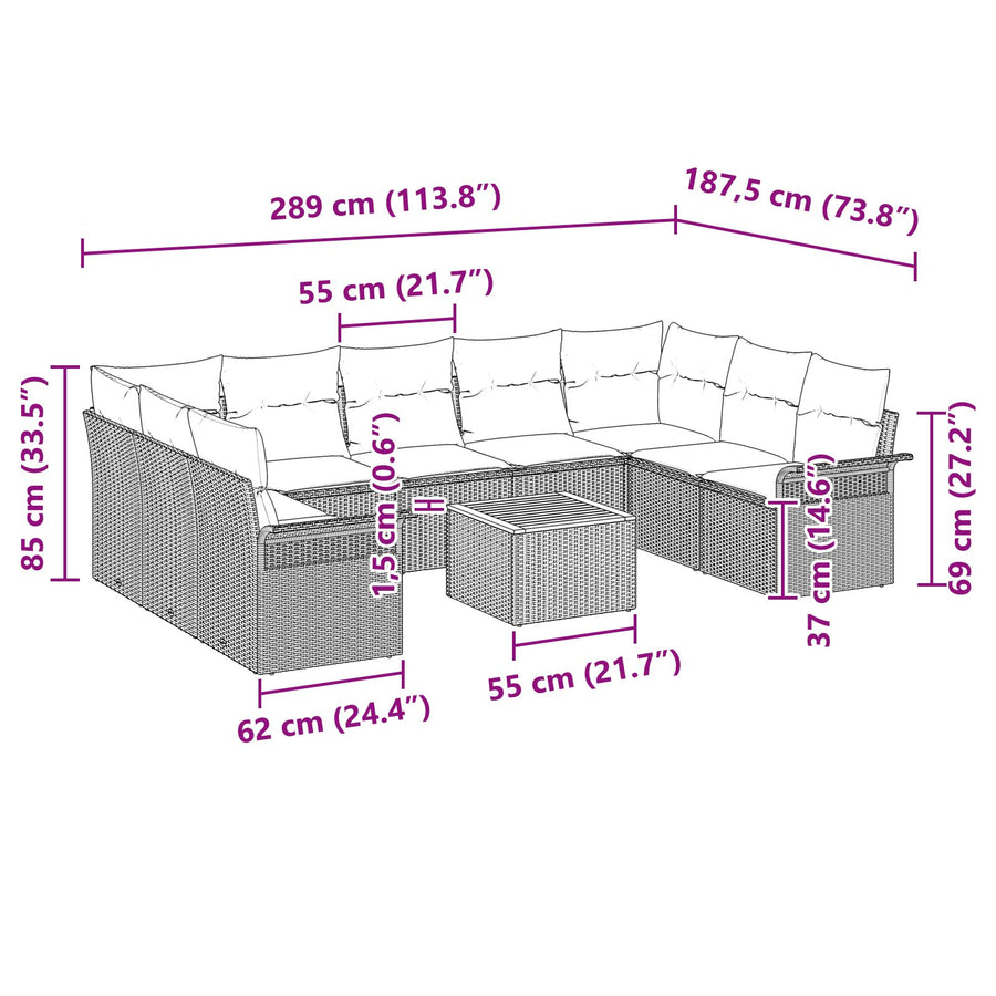10 Delige Tuin Sofa Set Met Kussens Zwart Poly Rattan Acacia