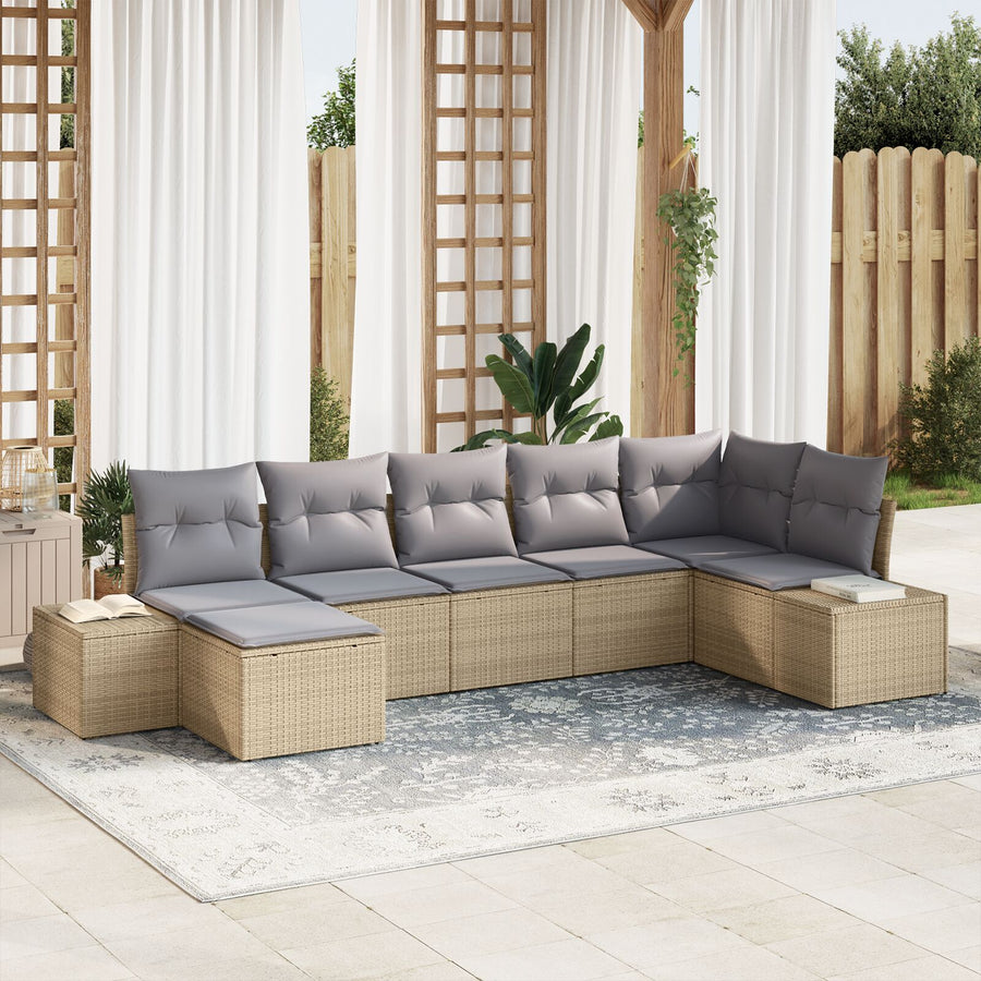 7 Delige Tuin Sofa Set Met Kussens Beige Poly Rattan