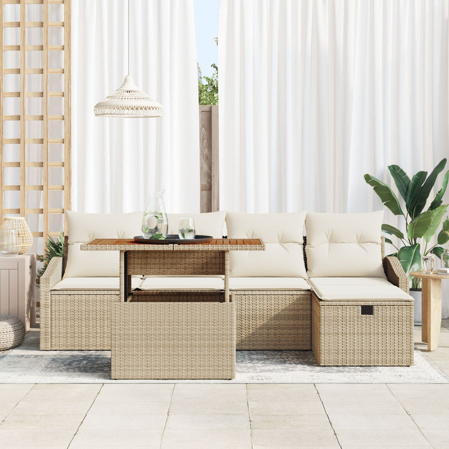 6-Delige Tuinbankstel Met Kussens Beige Poly Riet