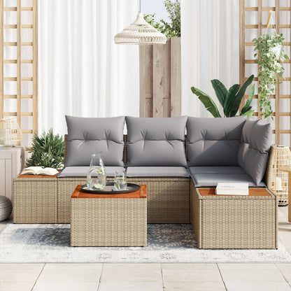 5 Delige Tuin Sofaset Met Kussens Beige Poly Rattan Acacia