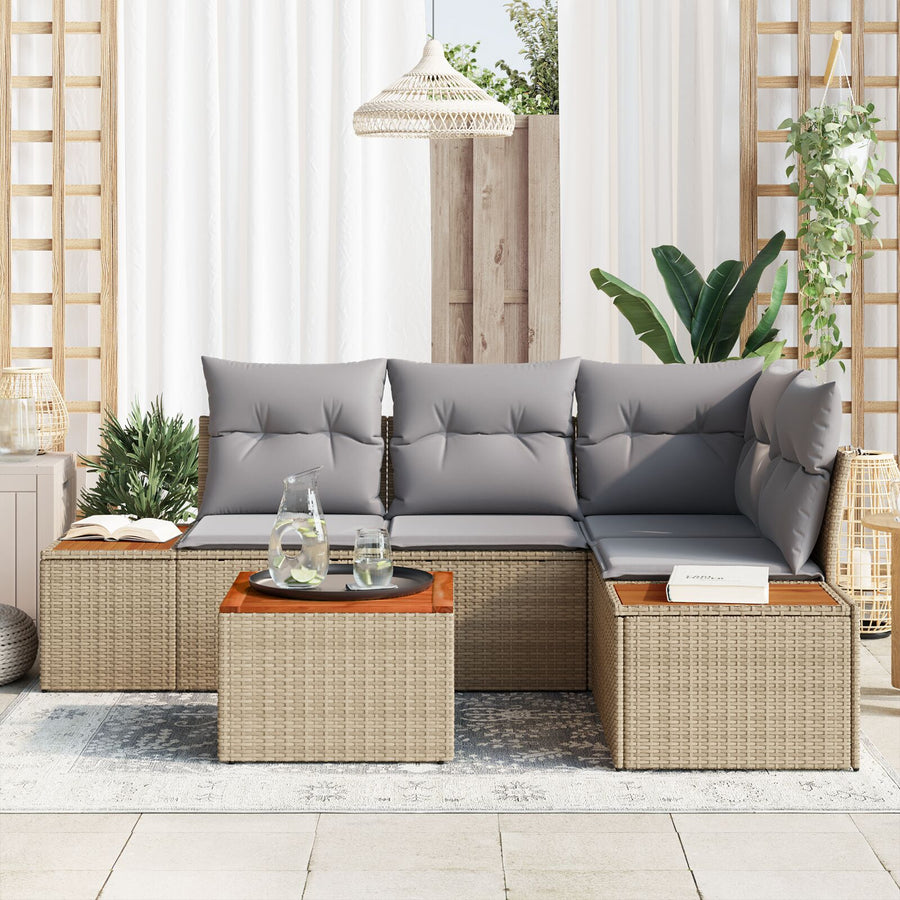 5 Delige Tuin Sofaset Met Kussens Beige Poly Rattan Acacia