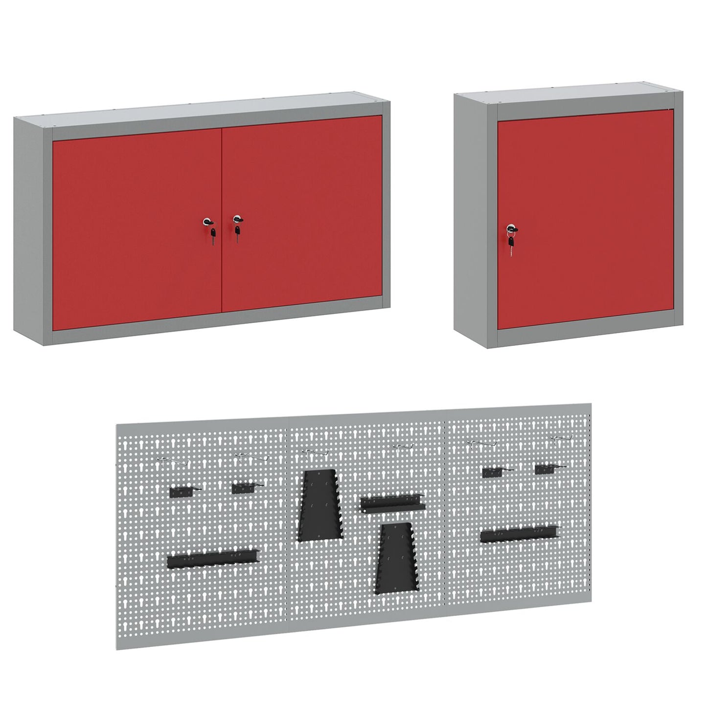 8-Delige Werkbank Set Rode Staal 3x (84 cm) Rood 3x cabinet + 3x pegboard + 2x gereedschapskast