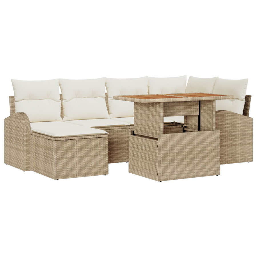 7 Delige Tuin Eettafel Set Met Kussens Beige Poly Rattan Acacia
