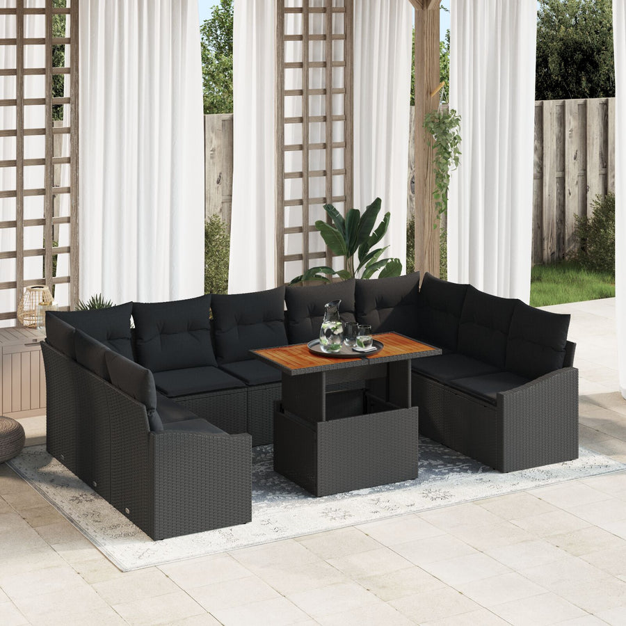 10-Delige Tuin Sofa Set Met Kussens Zwart Poly Rattan