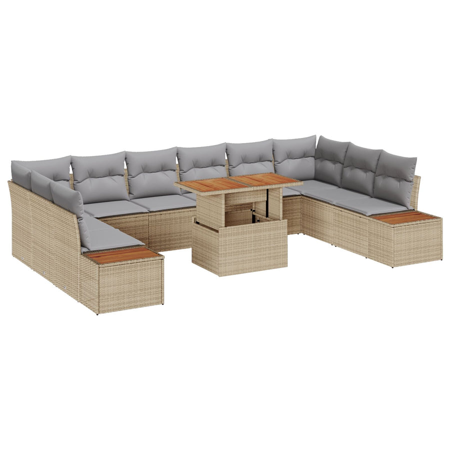 11-Delige Tuin Eetset Met Kussens Beige Poly Rattan Acacia