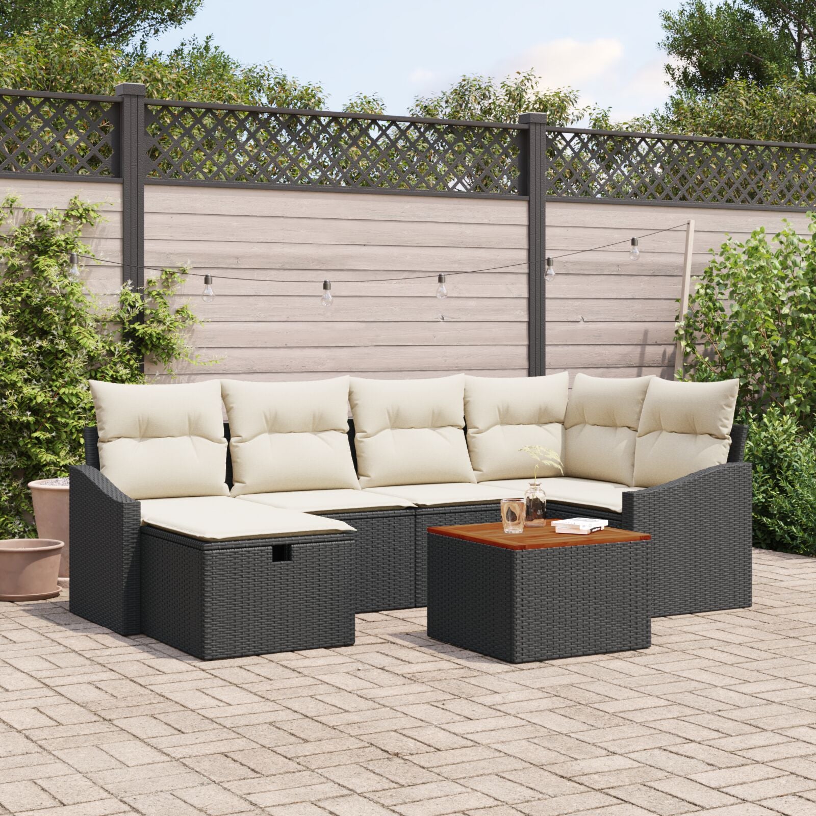 7 Delige Tuinbank Set Met Kussens Zwart Poly Rattan