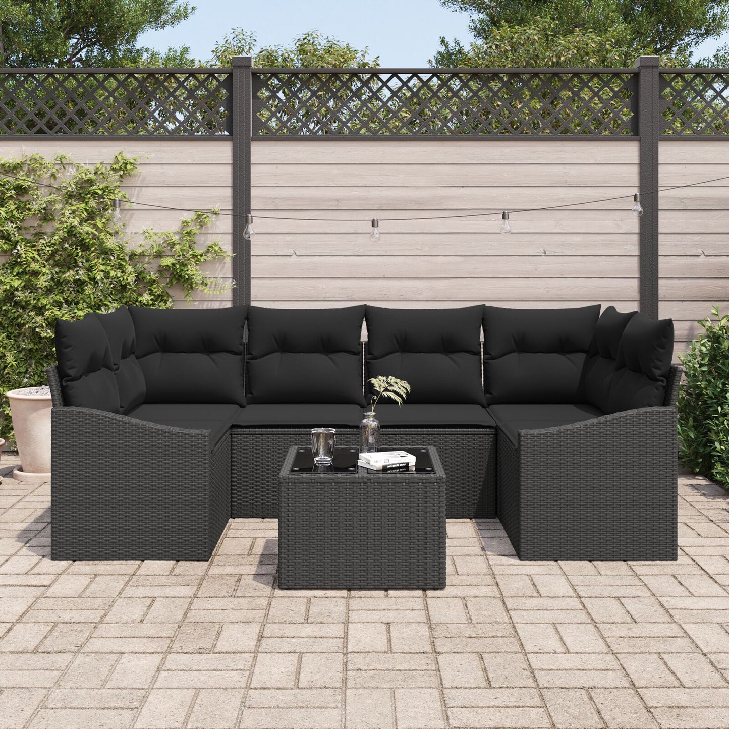 Tuinbankset Set Van 7 Zwart Rattan En Polyester Buiten Eetset Gegalvaniseerd Staal