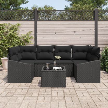 Tuinbankset Set Van 7 Zwart Rattan En Polyester Buiten Eetset Gegalvaniseerd Staal