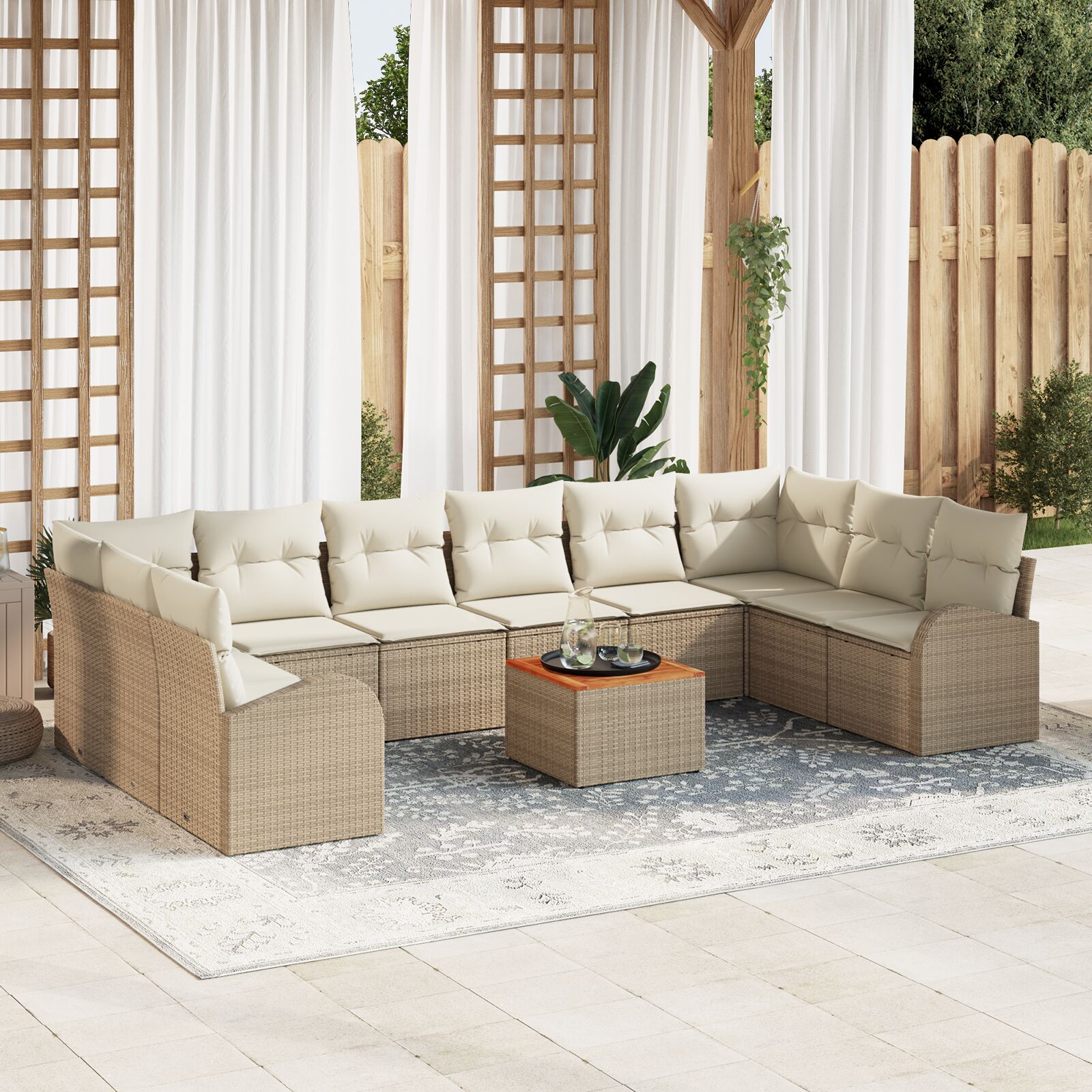 11-Delige Tuin Sofa Set Met Kussens Beige Poly Rattan Acacia