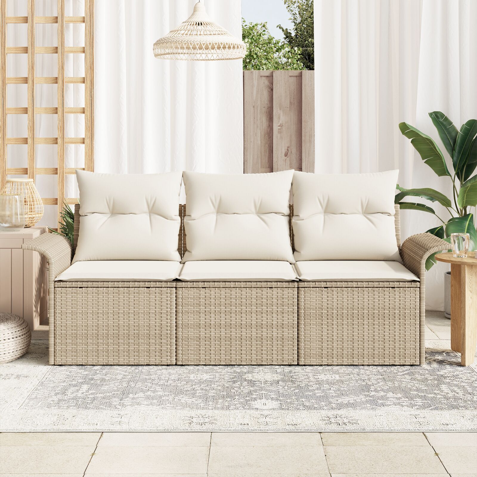 3-Delige Tuin Sofa Set Met Kussens Beige Poly Riet
