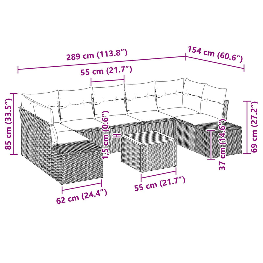 8-Delige Tuinbank Set Met Kussens Grijs Poly Rattan Acacia