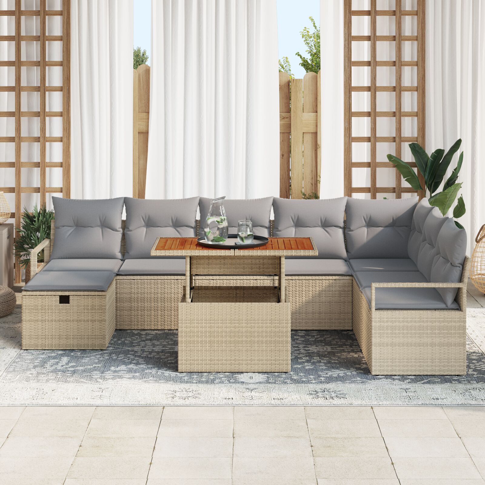 9-Delige Tuin Sofa Set Met Kussens Beige Poly Rattan,  2-Persoons Tuin Sofa Met Kussens Beige Poly Rattan