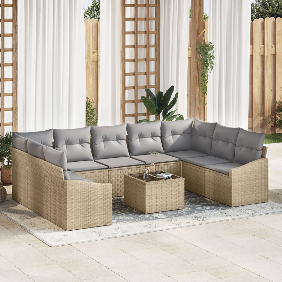 10-Delige Tuin Sofa Set Met Kussens Zwarte Poly Rattan Beige en grijs met tafel