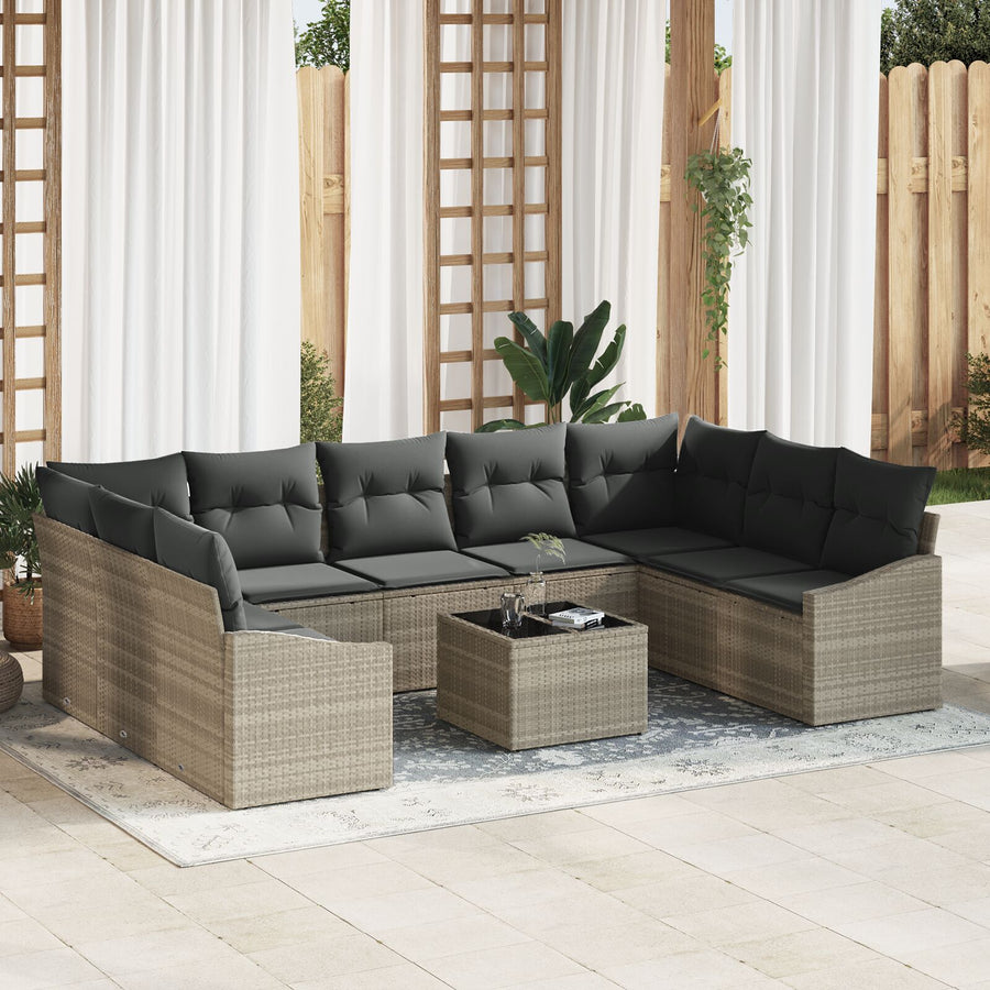 10-Delige Tuin Sofa Set Met Kussens Grijs Poly Rattan Lichtgrijs met tafel