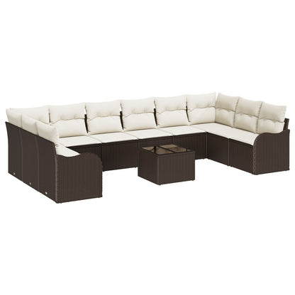 10-delige Tuin Sofa Set met Kussens Grijs Poly Riet, vidaXL 2-Zits Tuin Sofa met Kussens Bruin Poly Riet