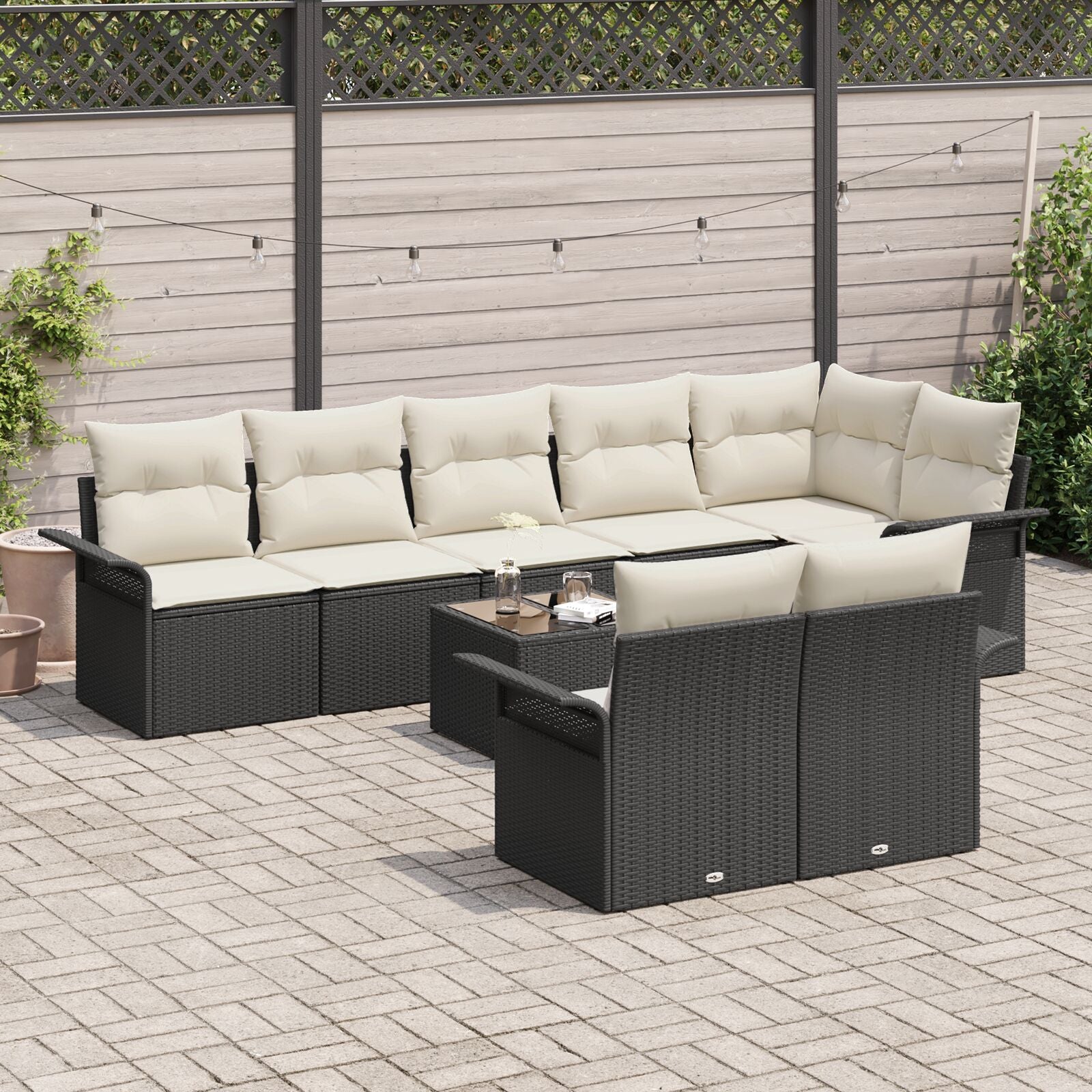 8-Delige Tuinbankset Met Kussens Bruin Poly Rattan Zwart en crème met tafel