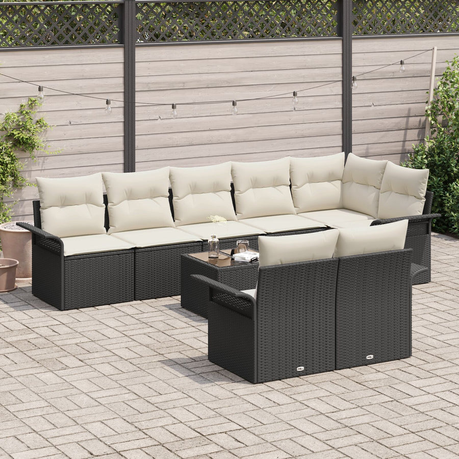 8-Delige Tuinbankset Met Kussens Bruin Poly Rattan Zwart en crème met tafel