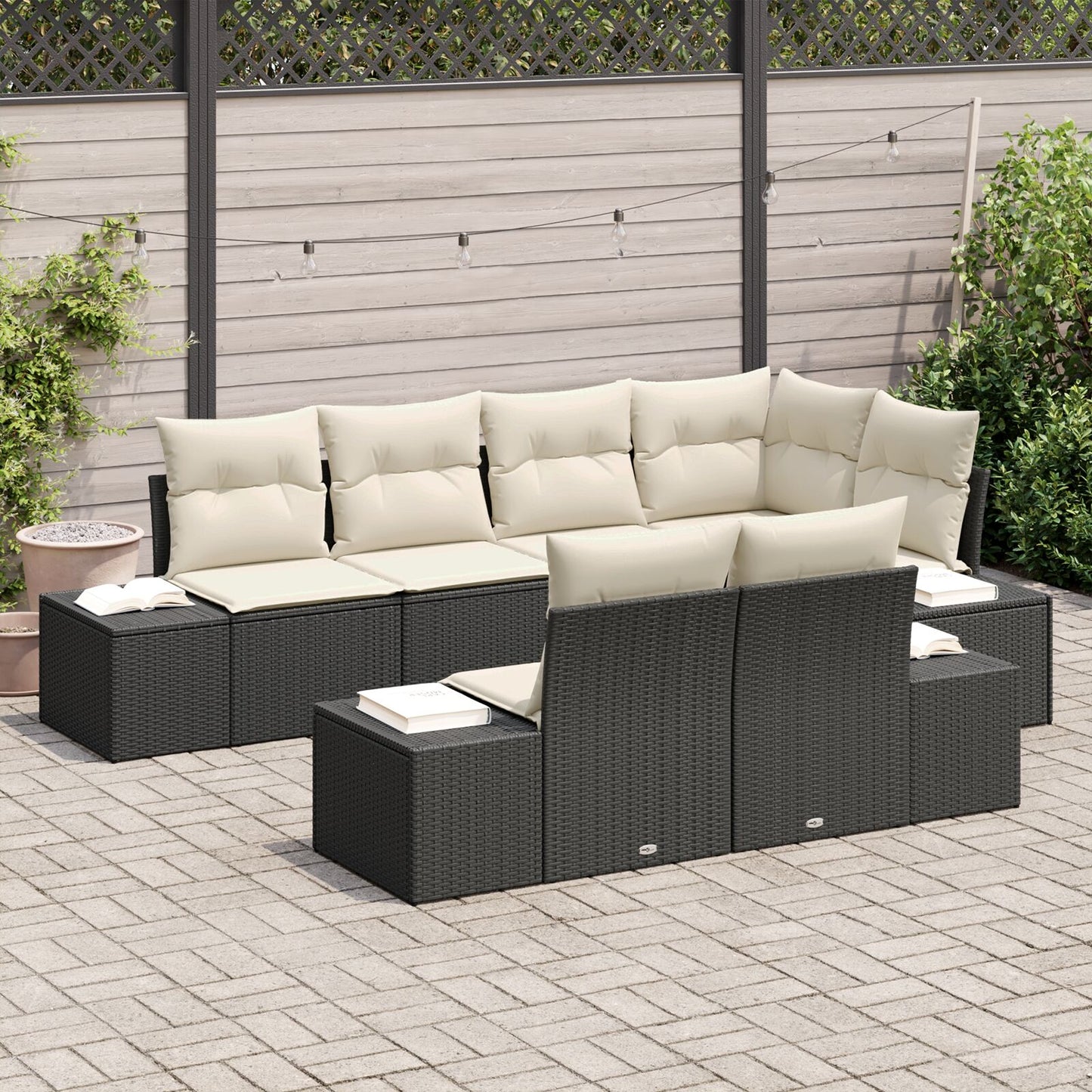 7-Delige Tuin Sofa Set Met Kussens Zwart Poly Rattan