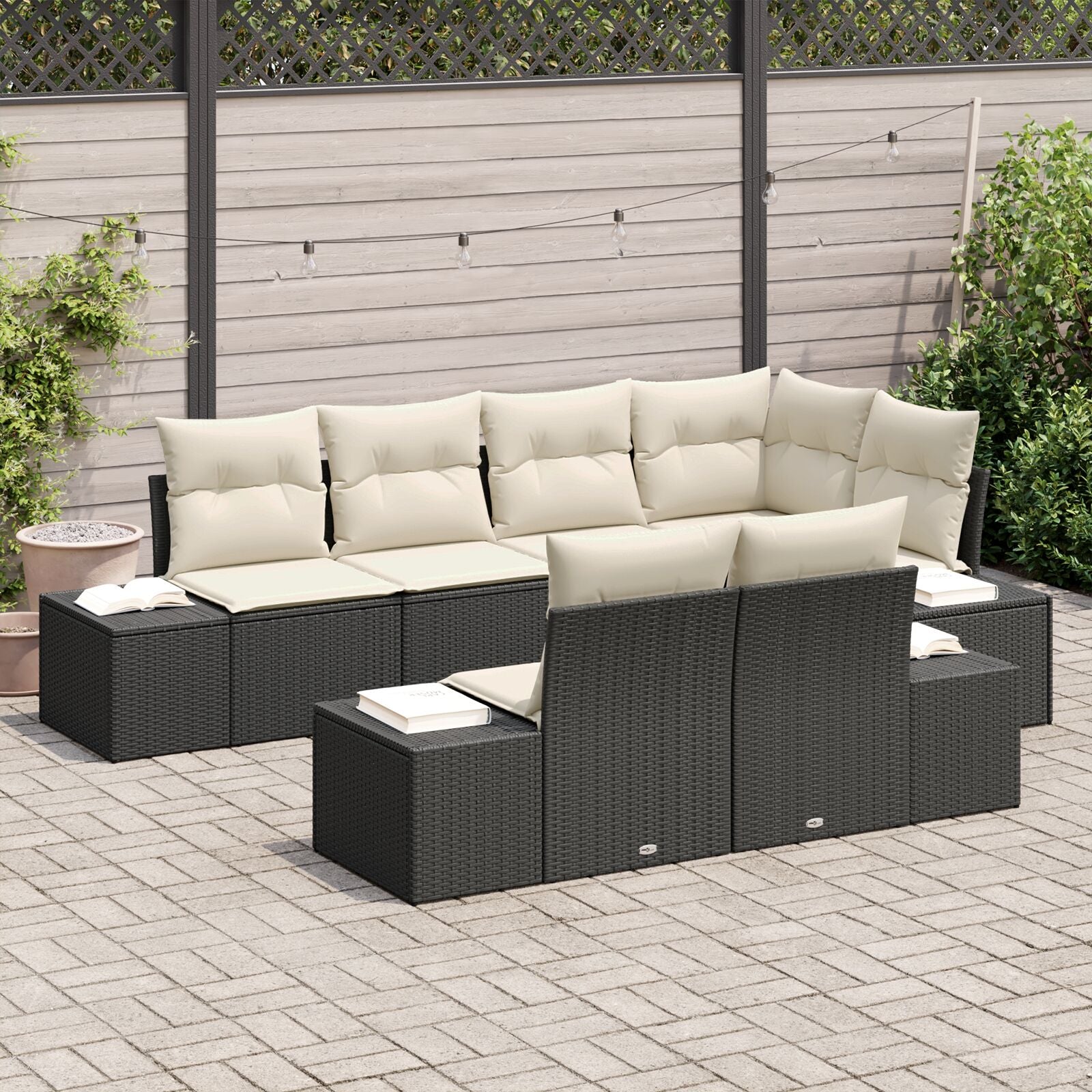 7-Delige Tuin Sofa Set Met Kussens Zwart Poly Rattan
