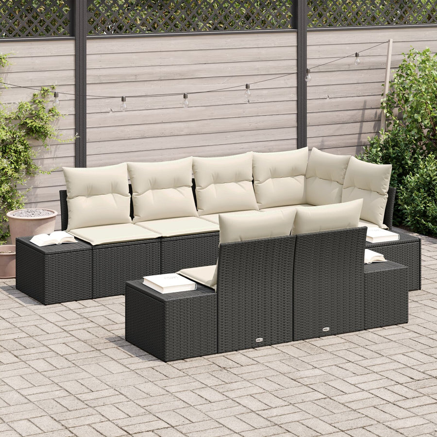 7-Delige Tuin Sofa Set Met Kussens Zwart Poly Rattan