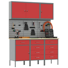 8-Delige Werktafel Set Staal 3x (84/85/85 cm) Rood 3x kast + 3x pegboard + 2x gereedschap kabinet