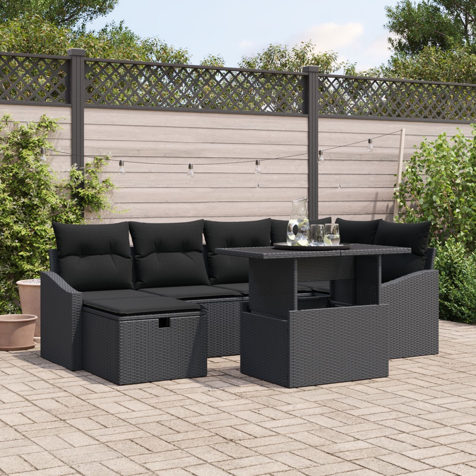 7-Delige Tuin Sofa Set Met Kussens Zwart Poly Rattan