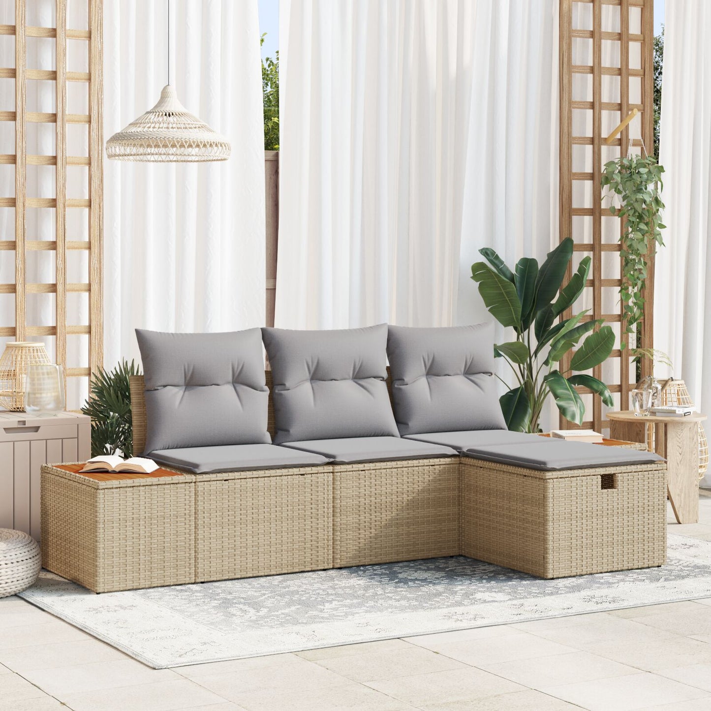 4-Delige Tuin Sofa Set Met Kussens Beige Poly Rattan