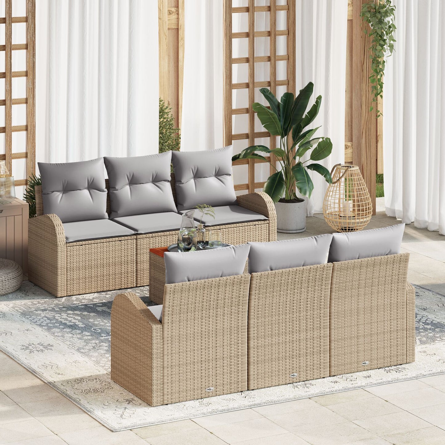 7 Delige Tuin Sofa Set Met Kussens Beige Poly Rattan Acacia