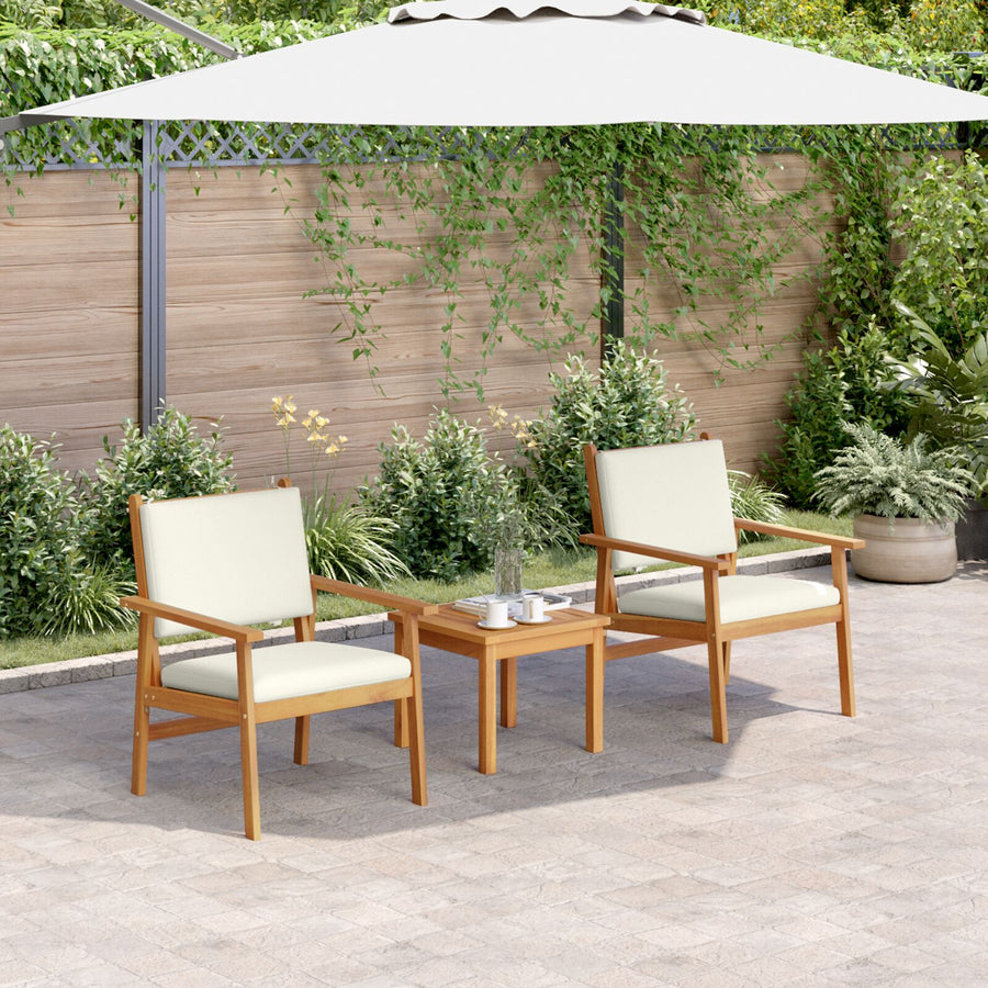 3-Delige Tuin Bistroset Met Kussens Van Massief Acaciahout Crèmewit Tafel + 2 stoelen