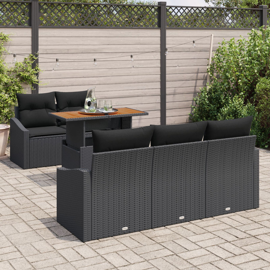 6 Stuks Tuin Eetset Met Kussens Zwart Poly Rattan Acacia