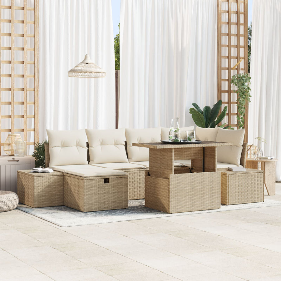7-Delige Tuinbank Set Met Kussens Beige Poly Rattan