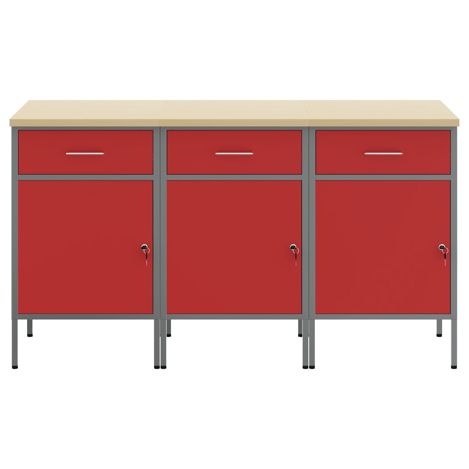 Werktafel 3-Delig En Grijs Van Geengineerd Hout En Staal 3x (84 cm) Rood 3x cabinet