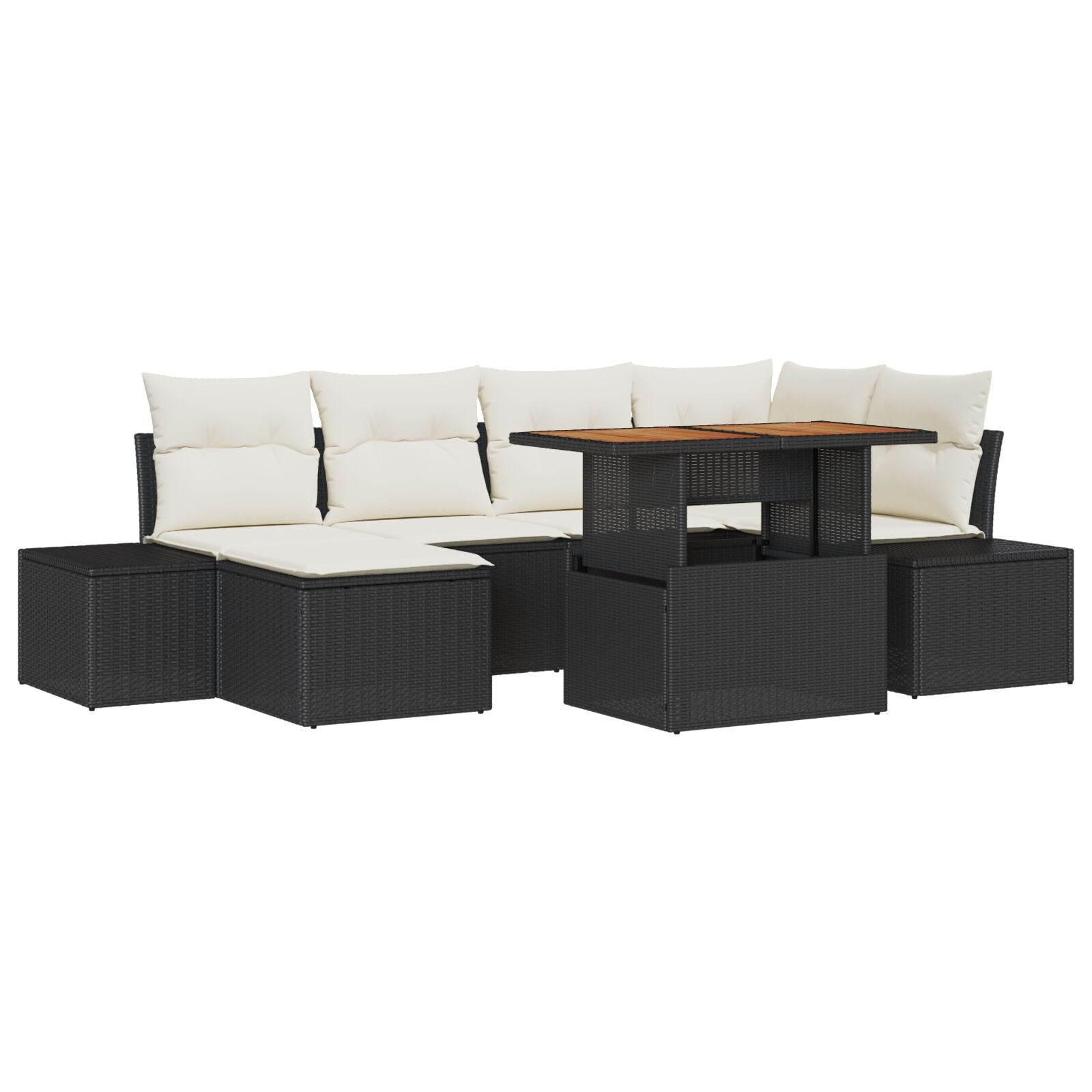7-Delige Tuin Eetset Met Kussens Zwart Poly Rattan Acacia