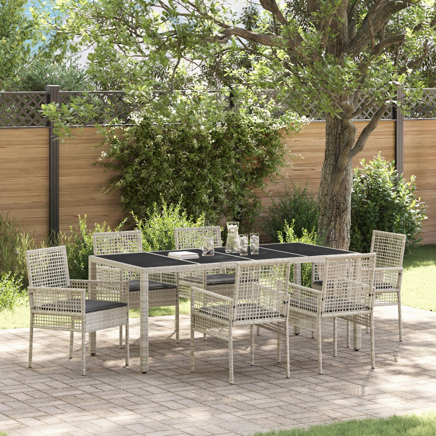 7 Persoons Tuin Eetset Met Kussens Lichtgrijs Poly Rattan