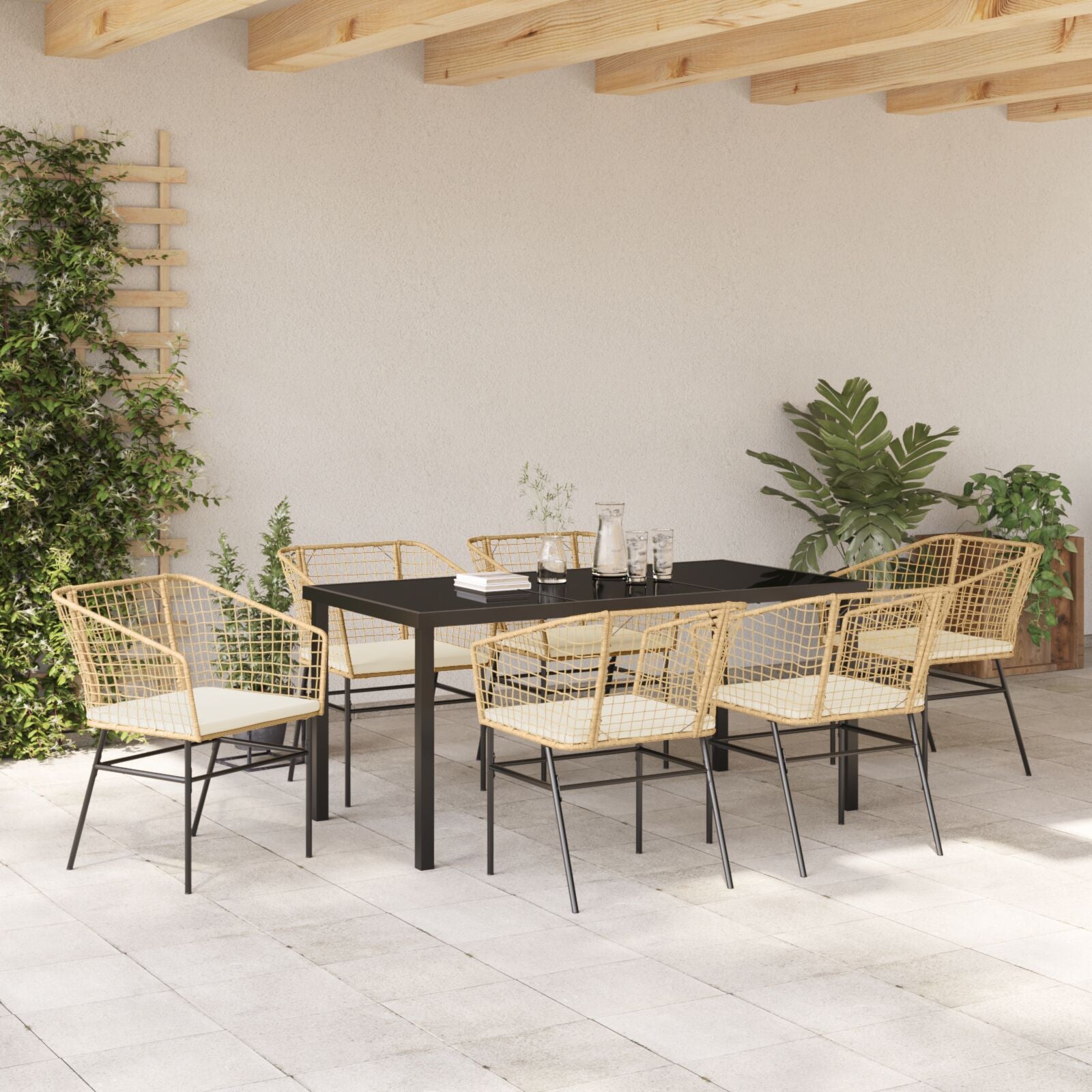 7-Delige Tuin Dining Set Met Kussens Bruin Poly Rattan