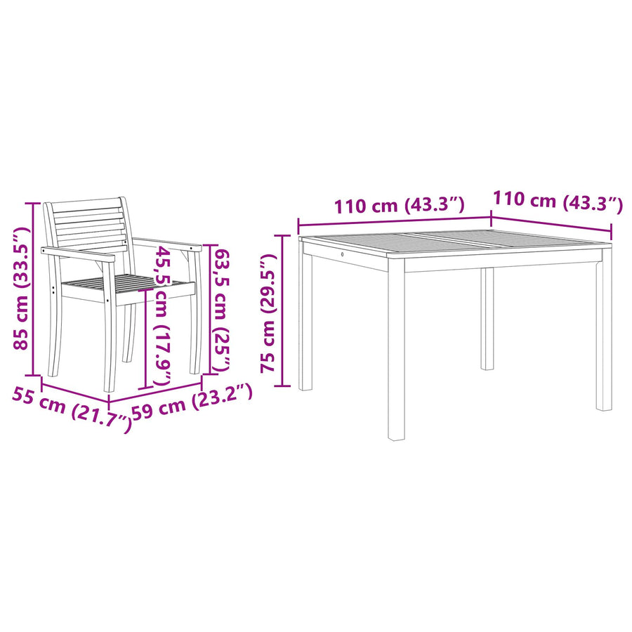 3-Delige Tuin Eetset Van Massief Acaciahout 2-Persoons 110 cm tafel lengte