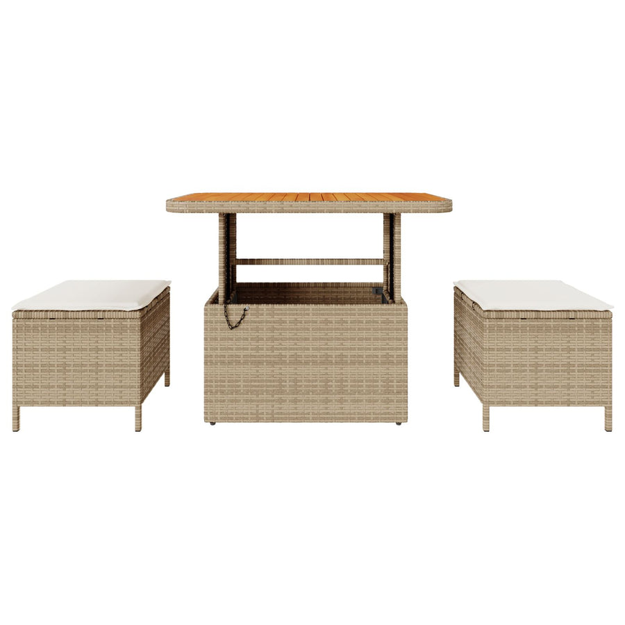 3-Delige Tuin Eettafel Set Met Kussens Poly Riet Acacia 90 cm Beige en crème 2 krukken