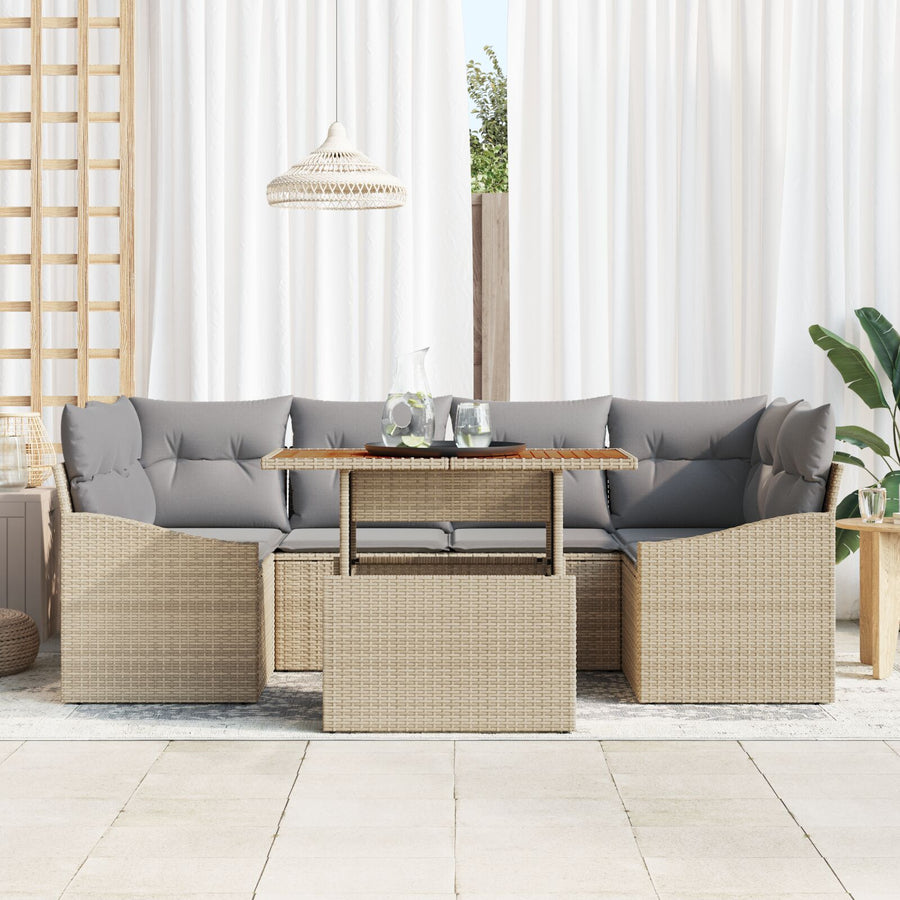 7 Delige Tuin Sofa Set Met Kussens Beige Poly Rattan