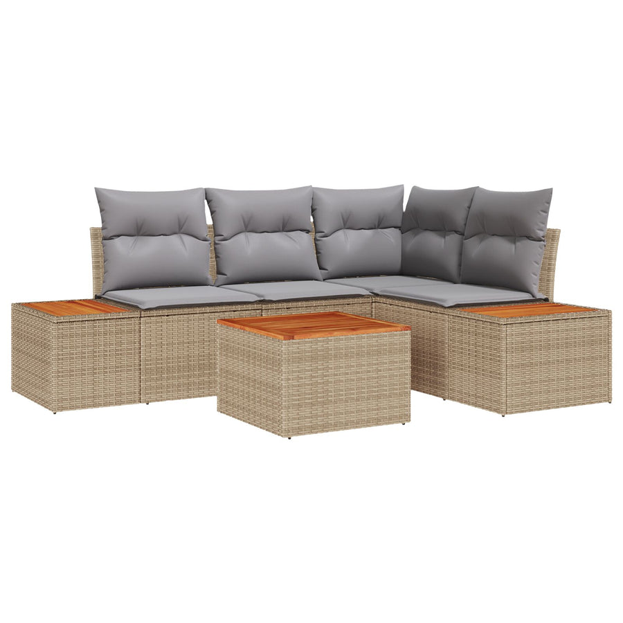 5 Delige Tuin Sofaset Met Kussens Beige Poly Rattan Acacia