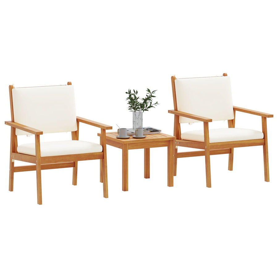 3-Delige Tuin Bistroset Met Kussens Van Massief Acaciahout Crèmewit Tafel + 2 stoelen